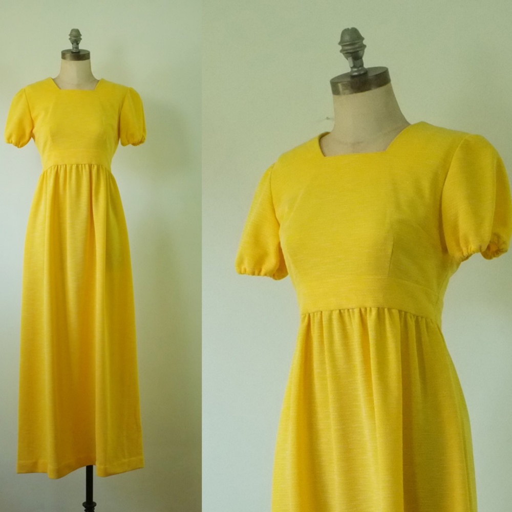 vintage yellow dress | 1970s empire waist dress